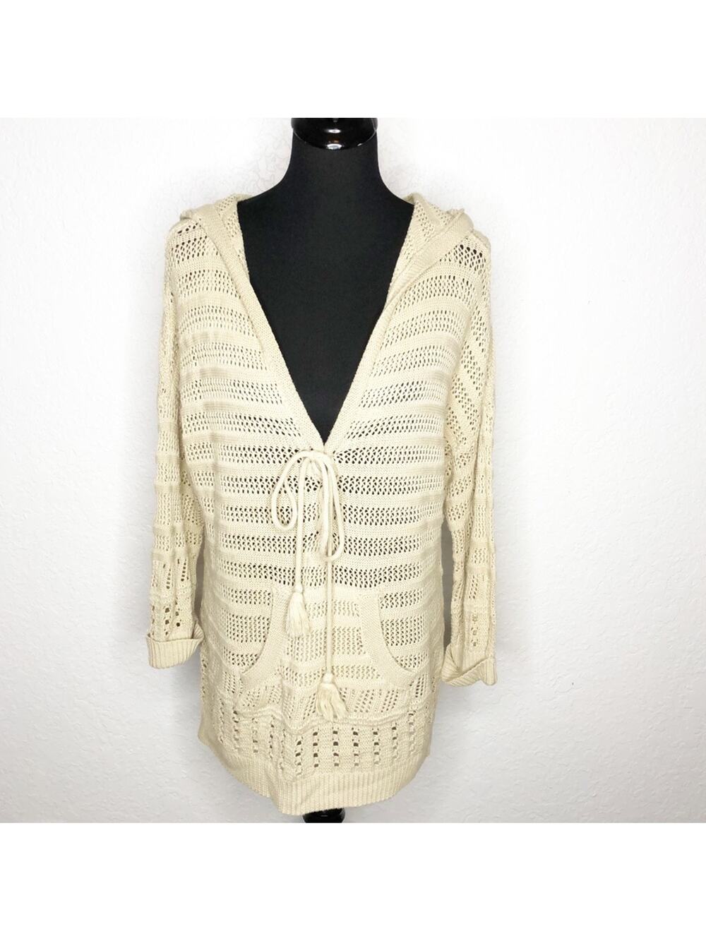 II Sisters tan open crochet knit v neck hooded sweater tunic size M/L